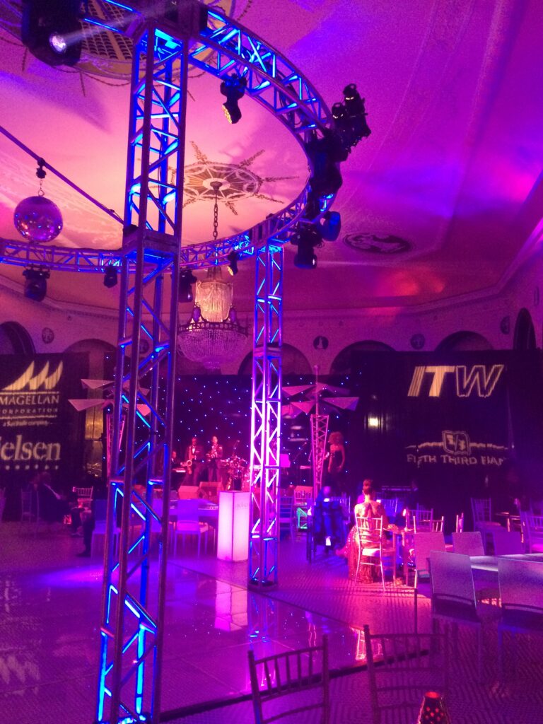 Silver circular box truss lighting rig in a ballroom
